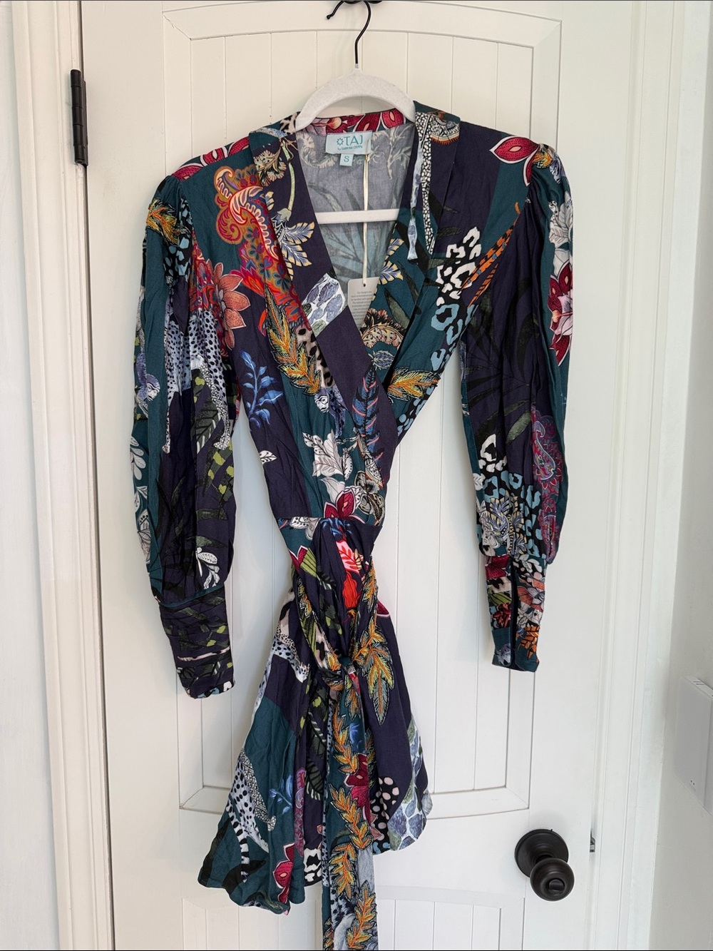 Taj by Sabrina cripple Teal, Navy & green Floral Wrap Mini Dress